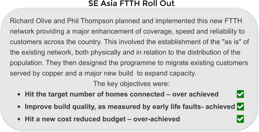 SE Asia FTTH Roll Out Richard Olive and Phil Thompson planned and implemented this new FTTH network providing a major enhancement of coverage, speed and reliability to customers across the country. This involved the establishment of the "as is" of the existing network, both physically and in relation to the distribution of the population. They then designed the programme to migrate existing customers served by copper and a major new build  to expand capacity. The key objectives were: •	Hit the target number of homes connected – over achieved	  •	Improve build quality, as measured by early life faults- achieved  •	Hit a new cost reduced budget – over-achieved			 