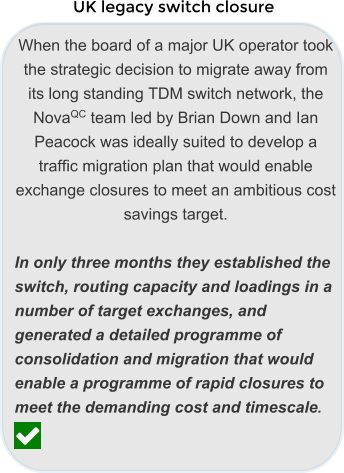 When the board of a major UK operator took the strategic decision to migrate away from its long standing TDM switch network, the NovaQC team led by Brian Down and Ian Peacock was ideally suited to develop a traffic migration plan that would enable exchange closures to meet an ambitious cost savings target.   In only three months they established the switch, routing capacity and loadings in a number of target exchanges, and generated a detailed programme of consolidation and migration that would enable a programme of rapid closures to meet the demanding cost and timescale.  UK legacy switch closure